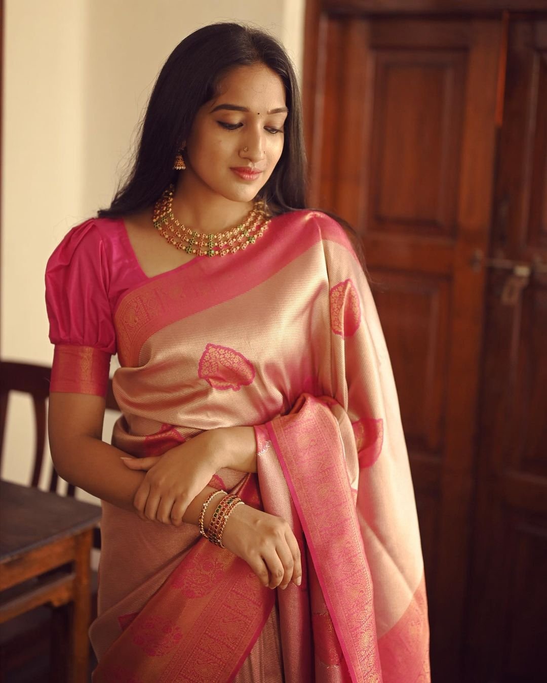 Peach Pure Kanjivaram Silk Saree Stylish Blouse Piece - Almaari Fashion