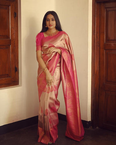 Peach Pure Kanjivaram Silk Saree Stylish Blouse Piece - Almaari Fashion