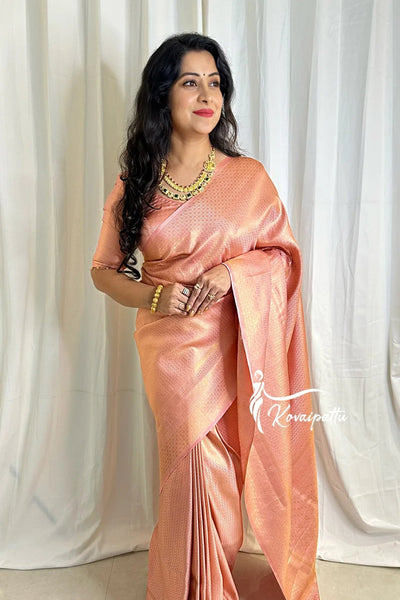 Peach Pure Kanjivaram Silk With Attractive Blouse Piece - Almaari Fashion