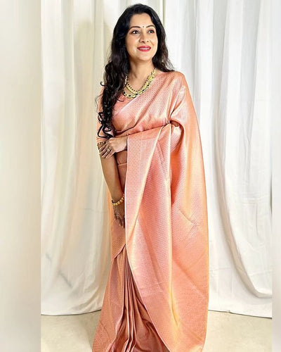 Peach Pure Kanjivaram Silk With Attractive Blouse Piece - Almaari Fashion