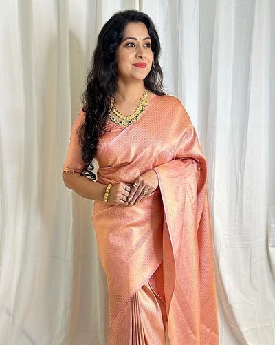 Peach Pure Kanjivaram Silk With Attractive Blouse Piece - Almaari Fashion