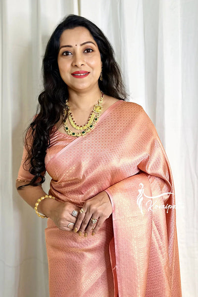 Peach Pure Kanjivaram Silk With Attractive Blouse Piece - Almaari Fashion