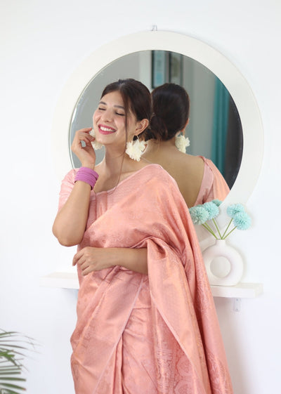 Peach Pure Satin Silk Saree With Snappy Blouse Piece - Almaari Fashion