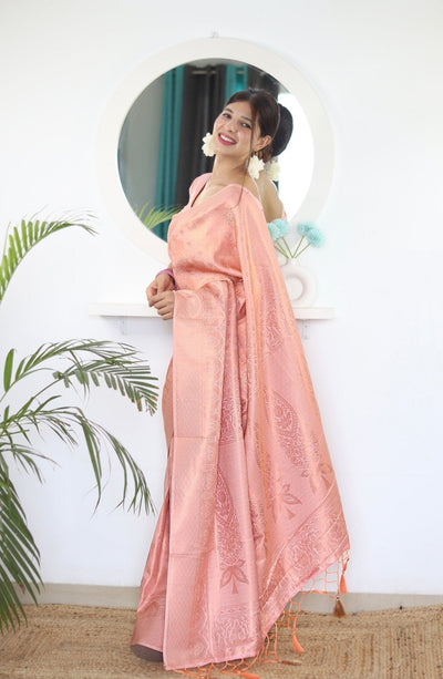 Peach Pure Satin Silk Saree With Snappy Blouse Piece - Almaari Fashion