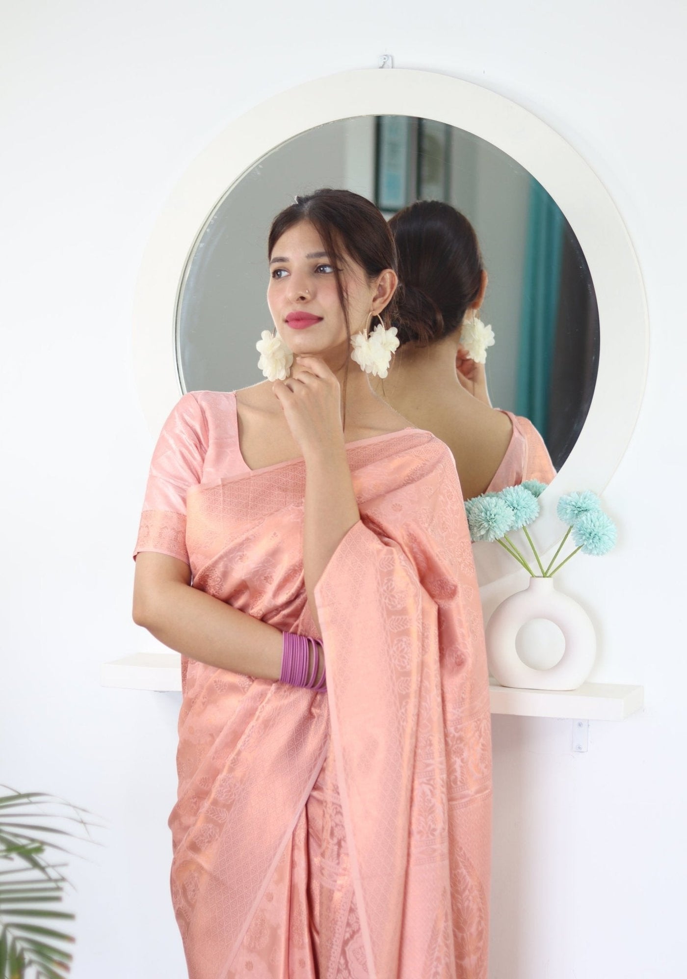 Peach Pure Satin Silk Saree With Snappy Blouse Piece - Almaari Fashion