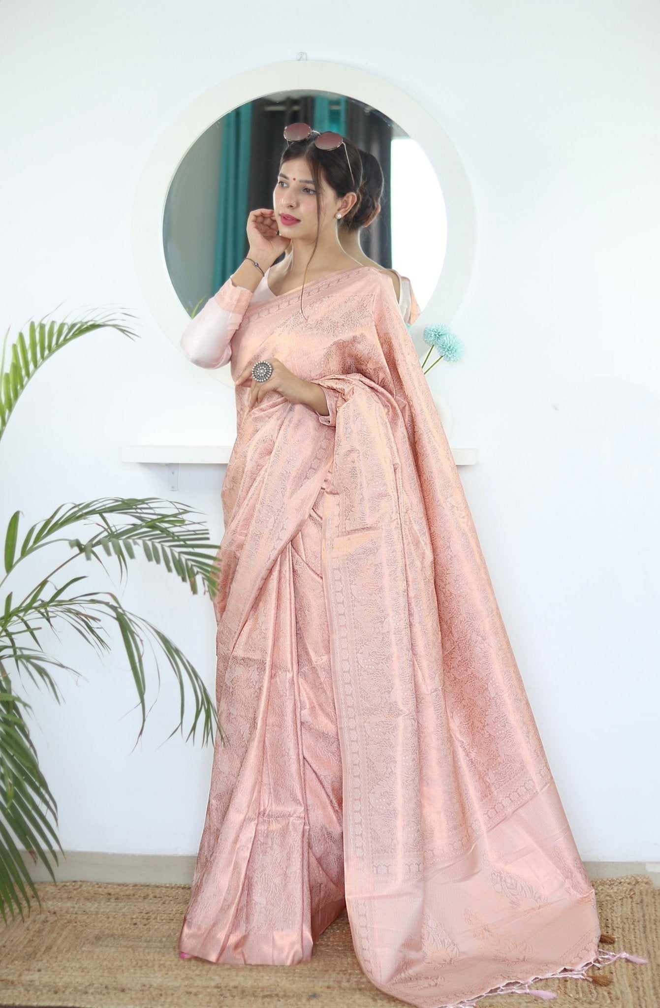 Peach Pure Satin Silk Saree With Snappy Blouse Piece - Almaari Fashion