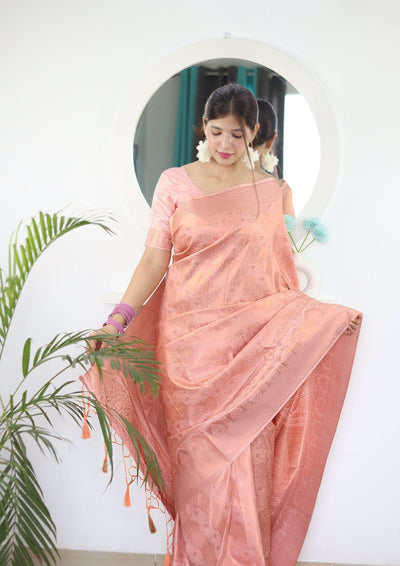 Peach Pure Satin Silk Saree With Snappy Blouse Piece - Almaari Fashion