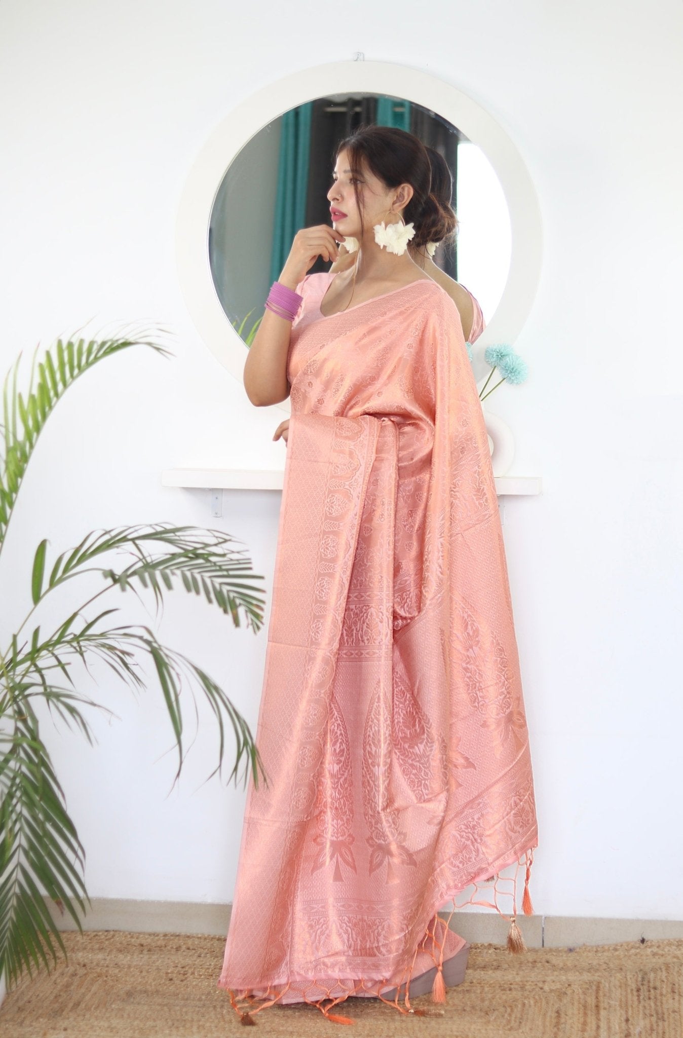 Peach Pure Satin Silk Saree With Snappy Blouse Piece - Almaari Fashion