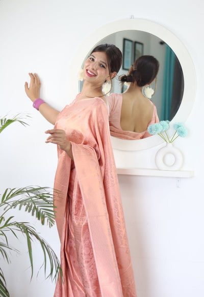 Peach Pure Satin Silk Saree With Snappy Blouse Piece - Almaari Fashion