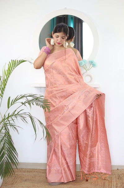 Peach Pure Satin Silk Saree With Snappy Blouse Piece - Almaari Fashion