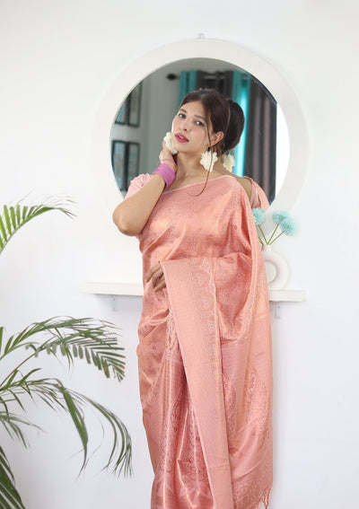 Peach Pure Satin Silk Saree With Snappy Blouse Piece - Almaari Fashion