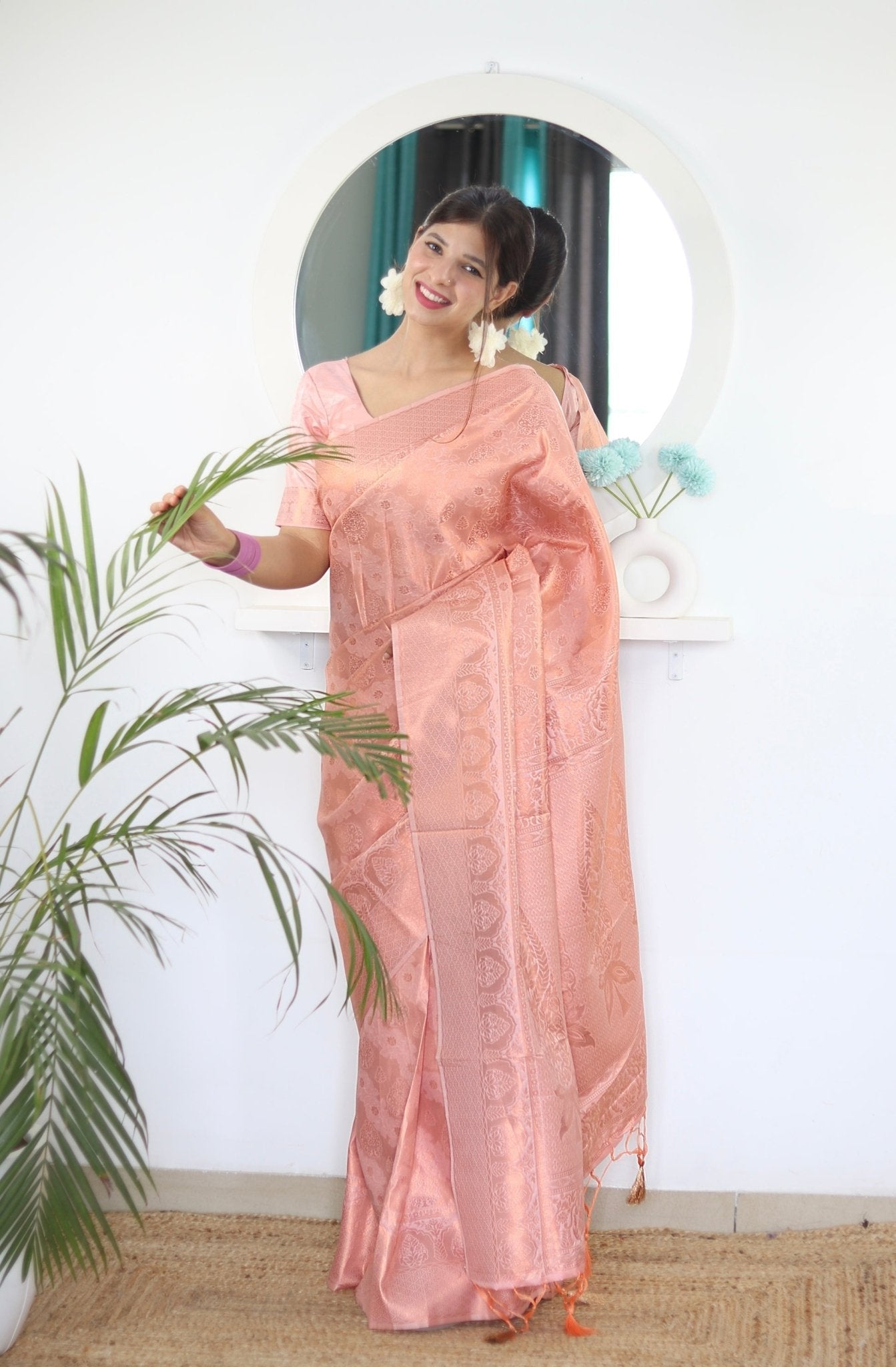 Peach Pure Satin Silk Saree With Snappy Blouse Piece - Almaari Fashion