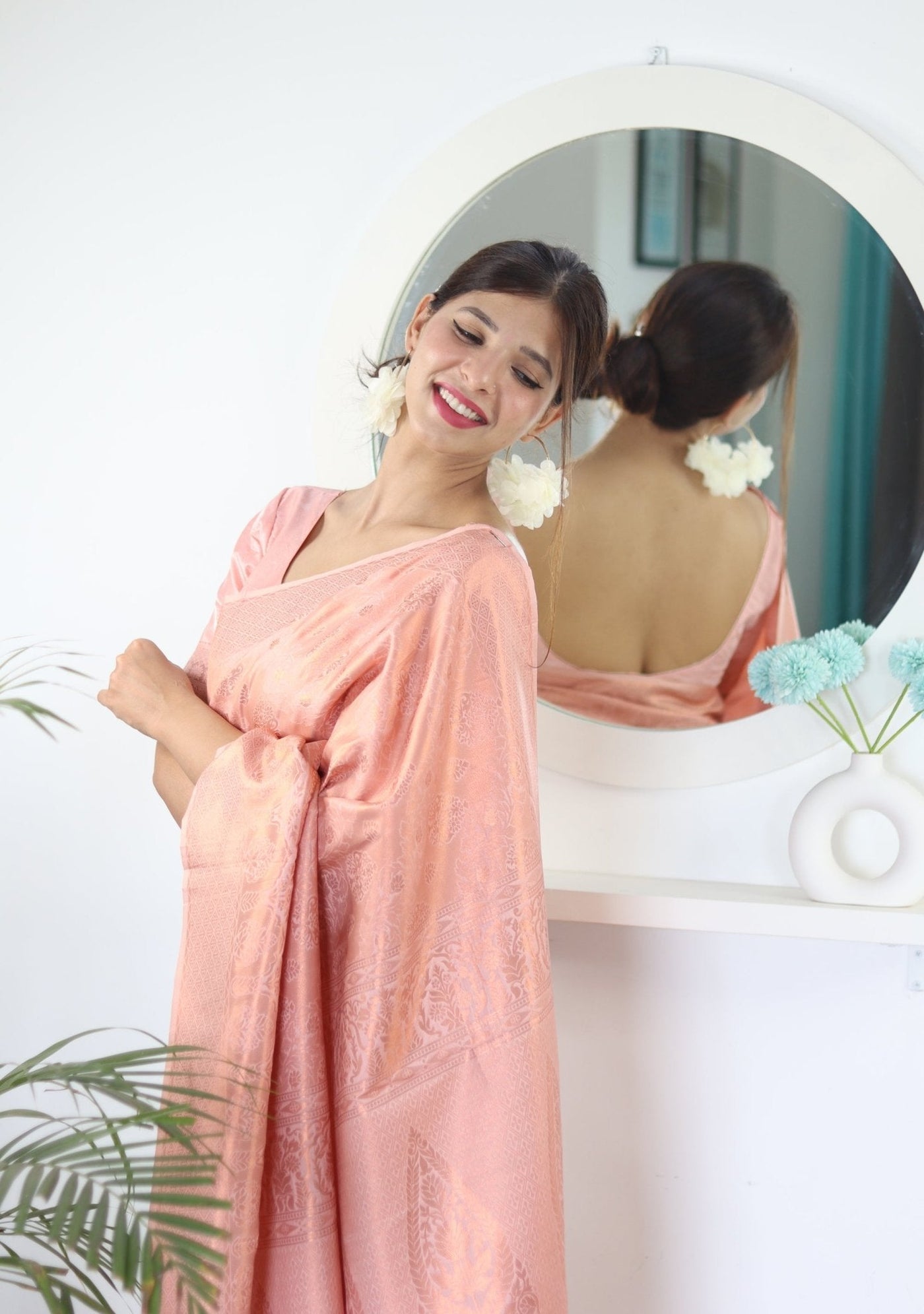 Peach Pure Satin Silk Saree With Snappy Blouse Piece - Almaari Fashion