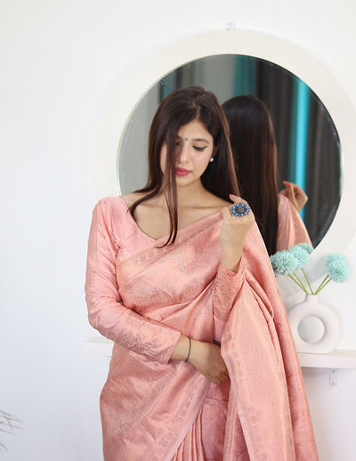 Peach Shades Beautiful Flower Pure Satin Silk Saree With Designer Blouse - Almaari Fashion