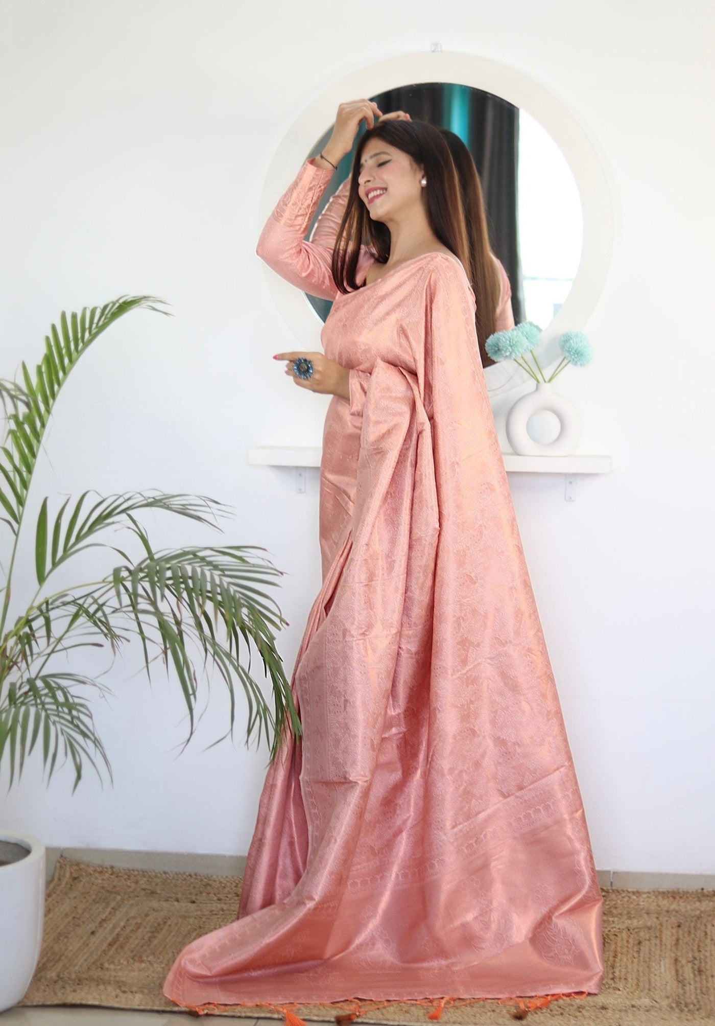 Peach Shades Beautiful Flower Pure Satin Silk Saree With Designer Blouse - Almaari Fashion