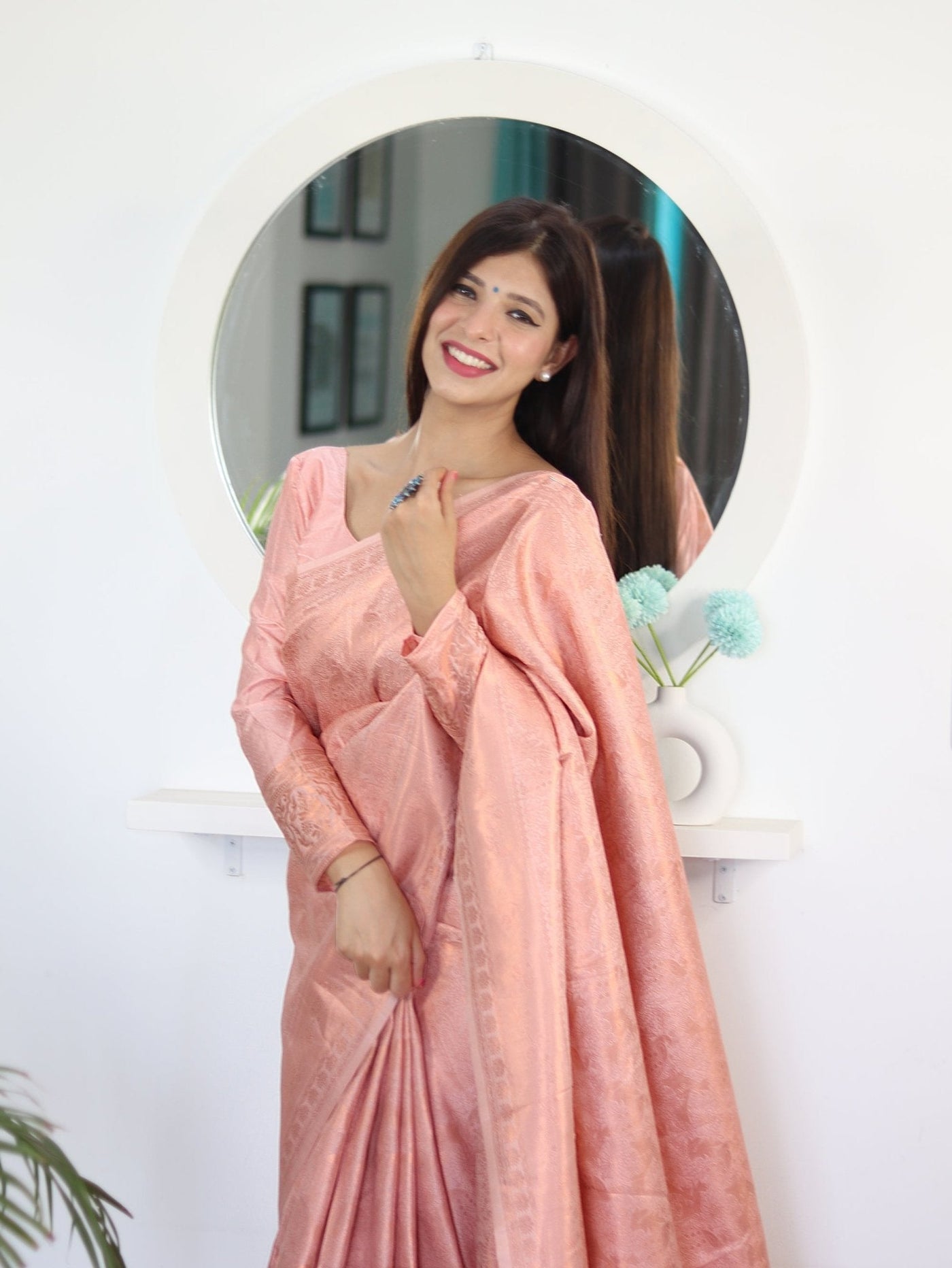 Peach Shades Beautiful Flower Pure Satin Silk Saree With Designer Blouse - Almaari Fashion