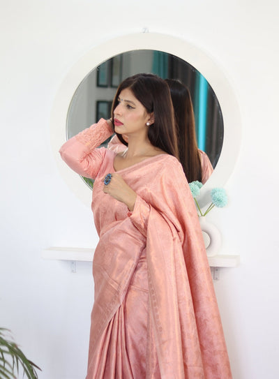 Peach Shades Beautiful Flower Pure Satin Silk Saree With Designer Blouse - Almaari Fashion