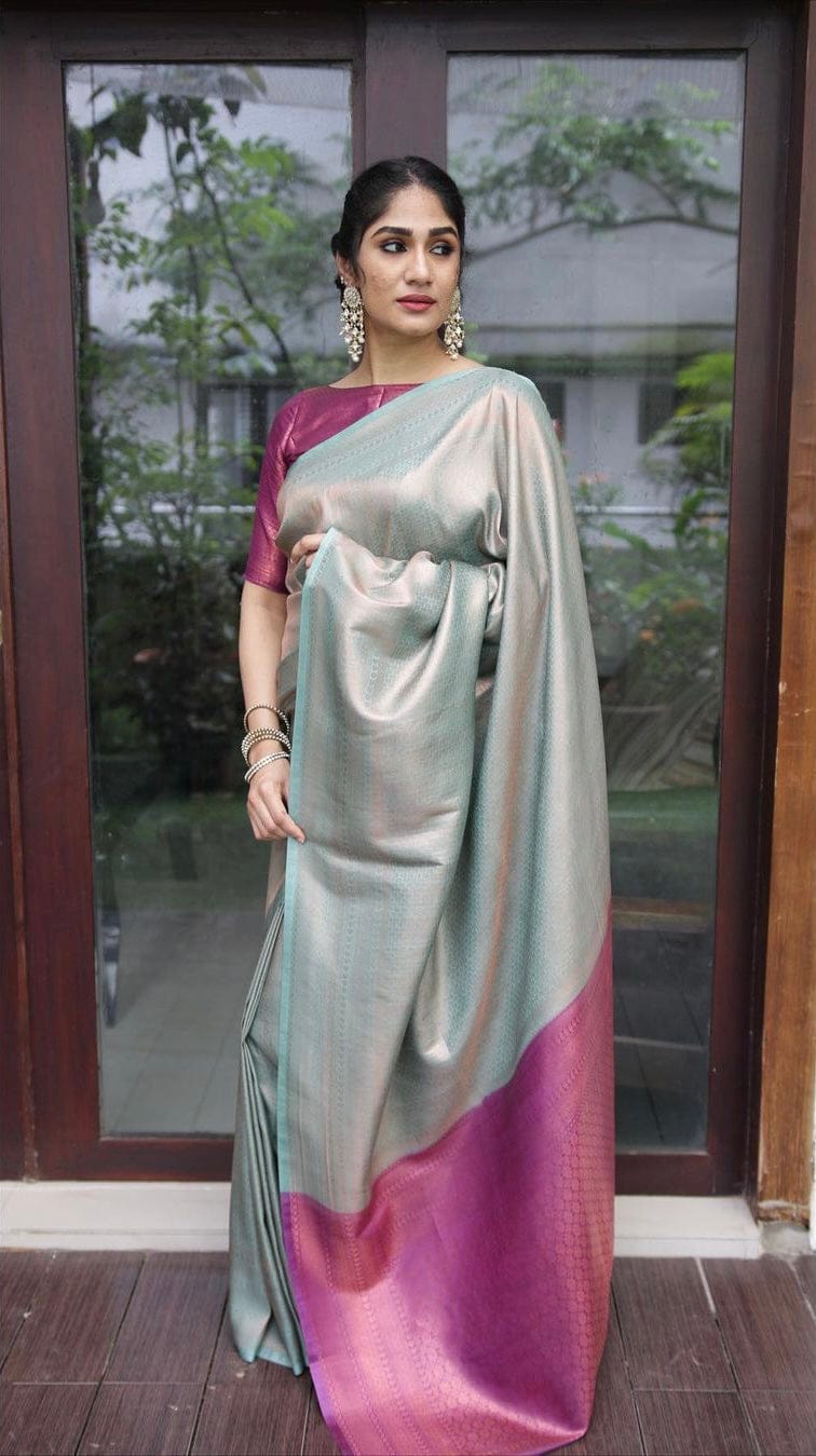 Phenomenal Firozi & Magenta Pure Pure Banarasi Silk With Imbrication Blouse Piece - Almaari Fashion