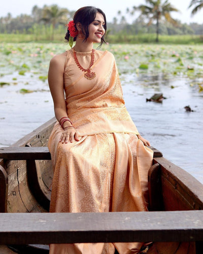 Phenomenal Light Orange Soft Kanjivaram Silk Saree With Imbrication Blouse Piece - Almaari Fashion