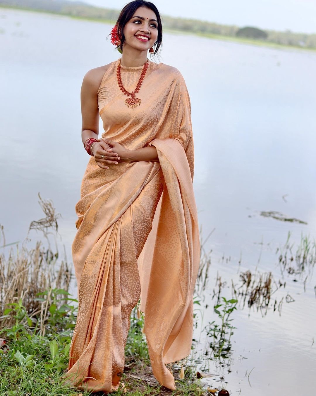 Phenomenal Light Orange Soft Kanjivaram Silk Saree With Imbrication Blouse Piece - Almaari Fashion