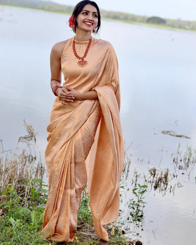 Phenomenal Light Orange Soft Kanjivaram Silk Saree With Imbrication Blouse Piece - Almaari Fashion