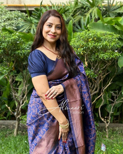 Phenomenal Navy Blue Soft Silk Saree With Imbrication Blouse Piece - Almaari Fashion