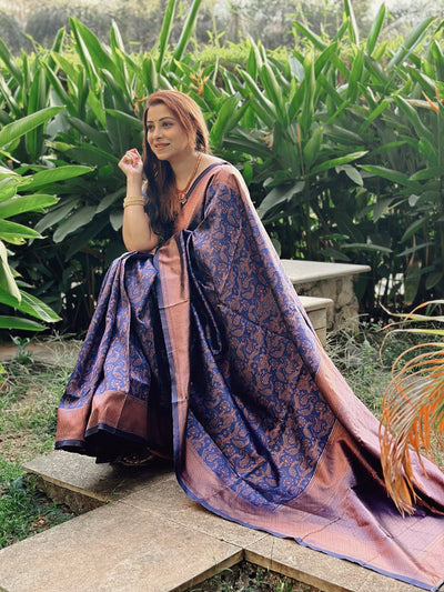 Phenomenal Navy Blue Soft Silk Saree With Imbrication Blouse Piece - Almaari Fashion