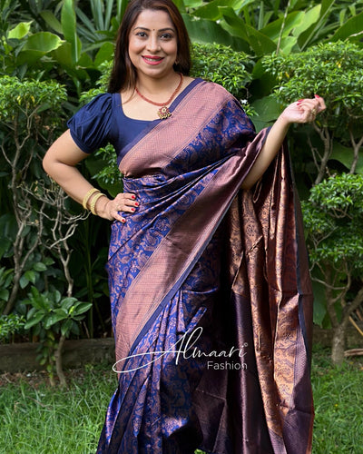 Phenomenal Navy Blue Soft Silk Saree With Imbrication Blouse Piece - Almaari Fashion