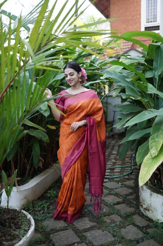 Phenomenal Orange Soft Silk Saree Weaved With Copper Zari With Imbrication Blouse Piece - Almaari Fashion