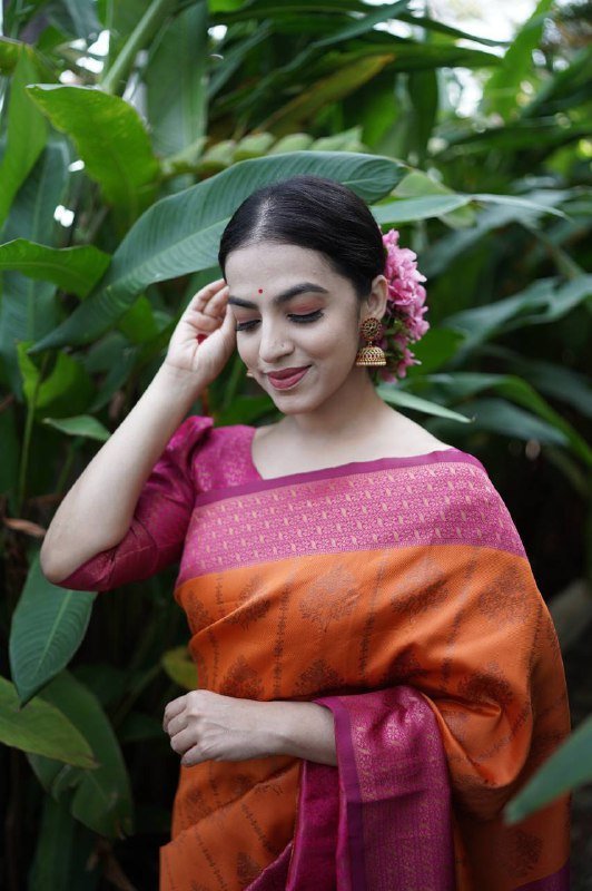 Phenomenal Orange Soft Silk Saree Weaved With Copper Zari With Imbrication Blouse Piece - Almaari Fashion