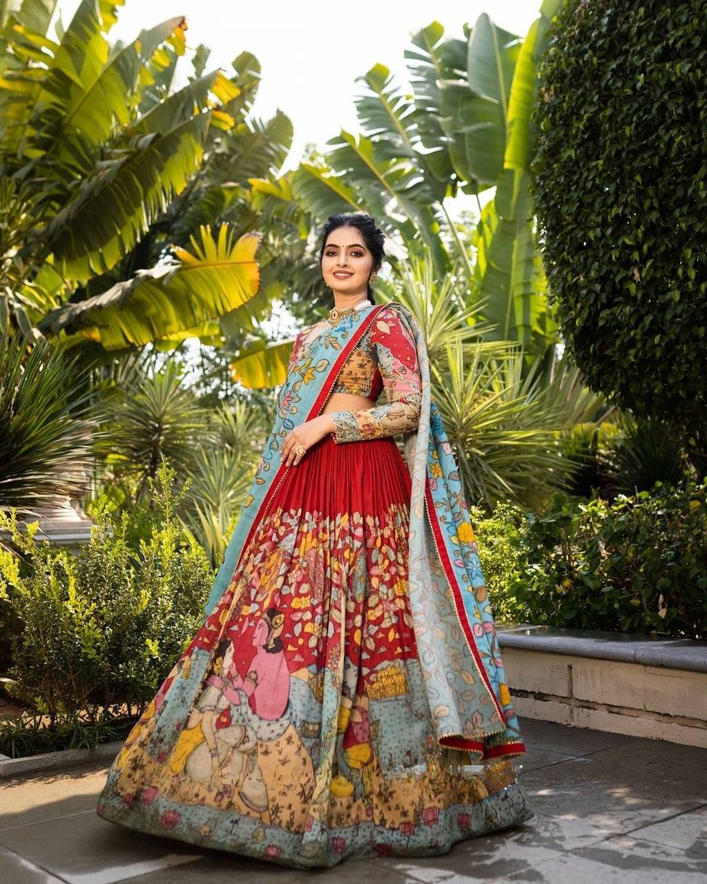 Rust Red and Aqua Blue Kalamkari Printed Lehenga Choli Set with Dupatta