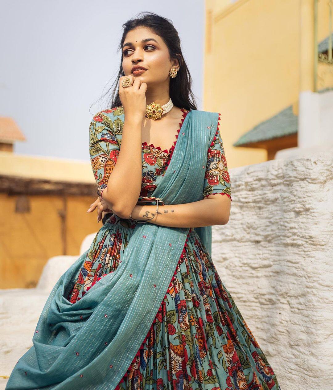 Aqua Blue Floral Kalamkari Printed Lehenga Choli Set with Dupatta