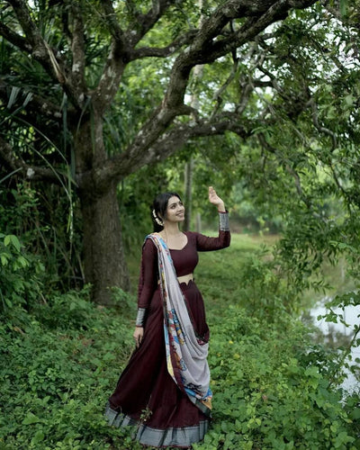 Maroon Kalamkari Printed Lehenga Choli Set with Dupatta