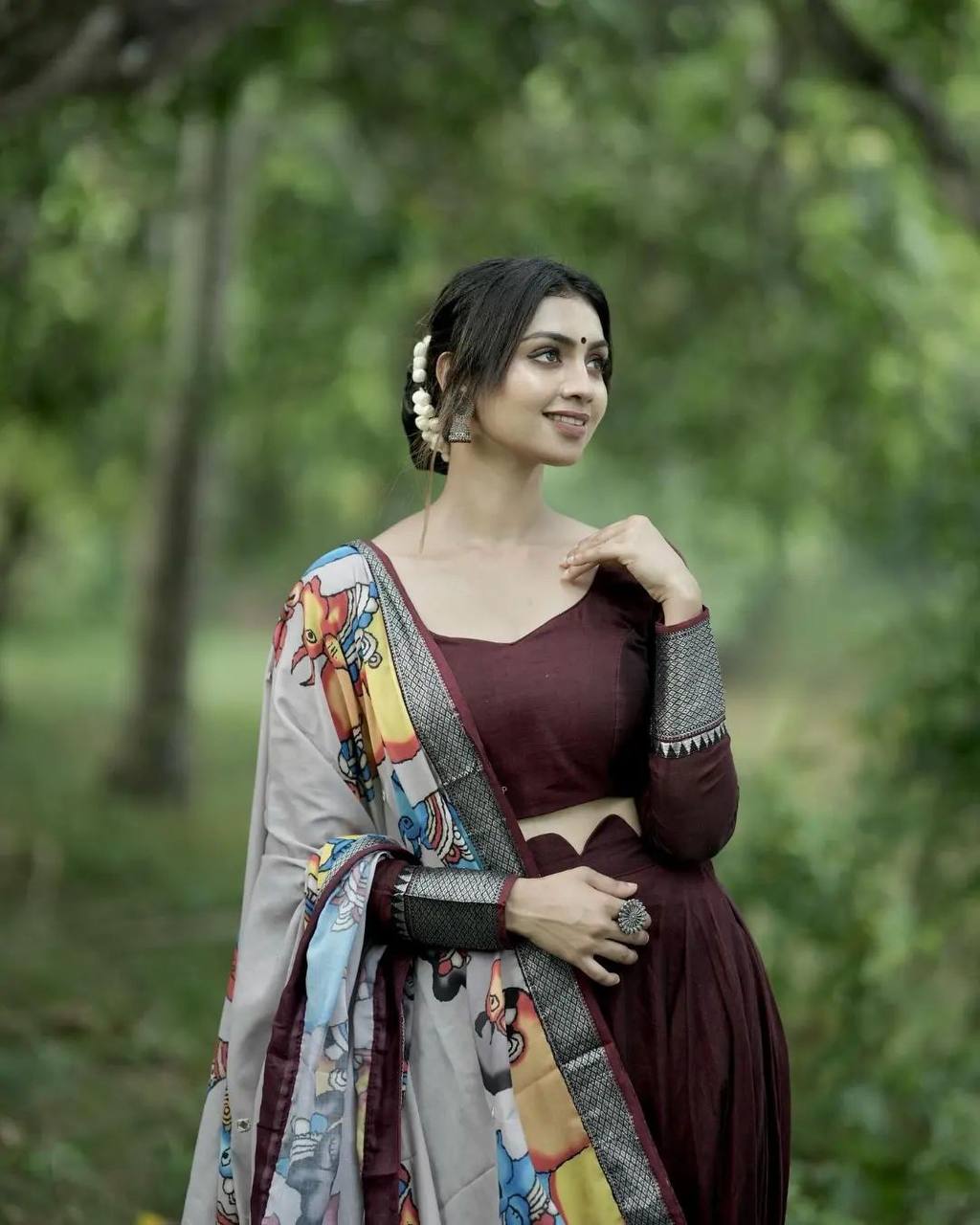 Maroon Kalamkari Printed Lehenga Choli Set with Dupatta