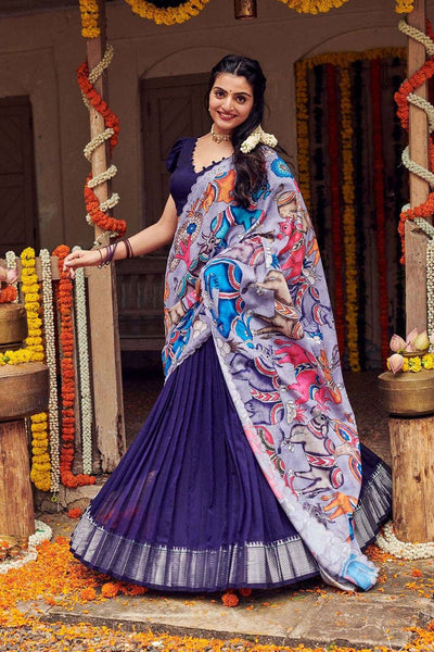 Royal Blue Kalamkari Printed Lehenga Choli Set with Dupatta