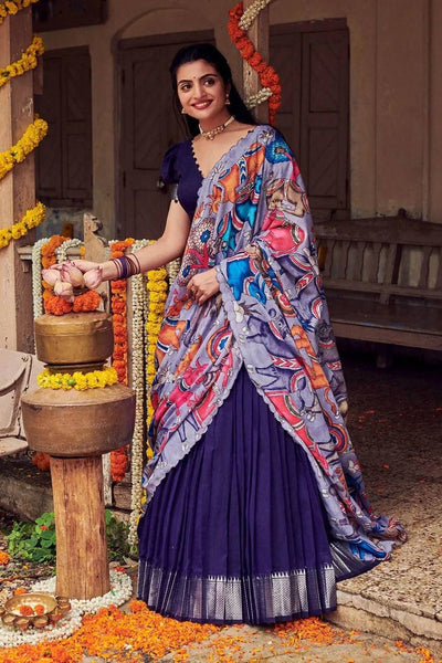 Royal Blue Kalamkari Printed Lehenga Choli Set with Dupatta