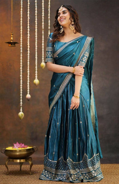 Teal Blue Embroidered Zari & Sequence Lehenga Choli Set with Dupatta