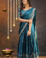 Teal Blue Embroidered Zari & Sequence Lehenga Choli Set with Dupatta