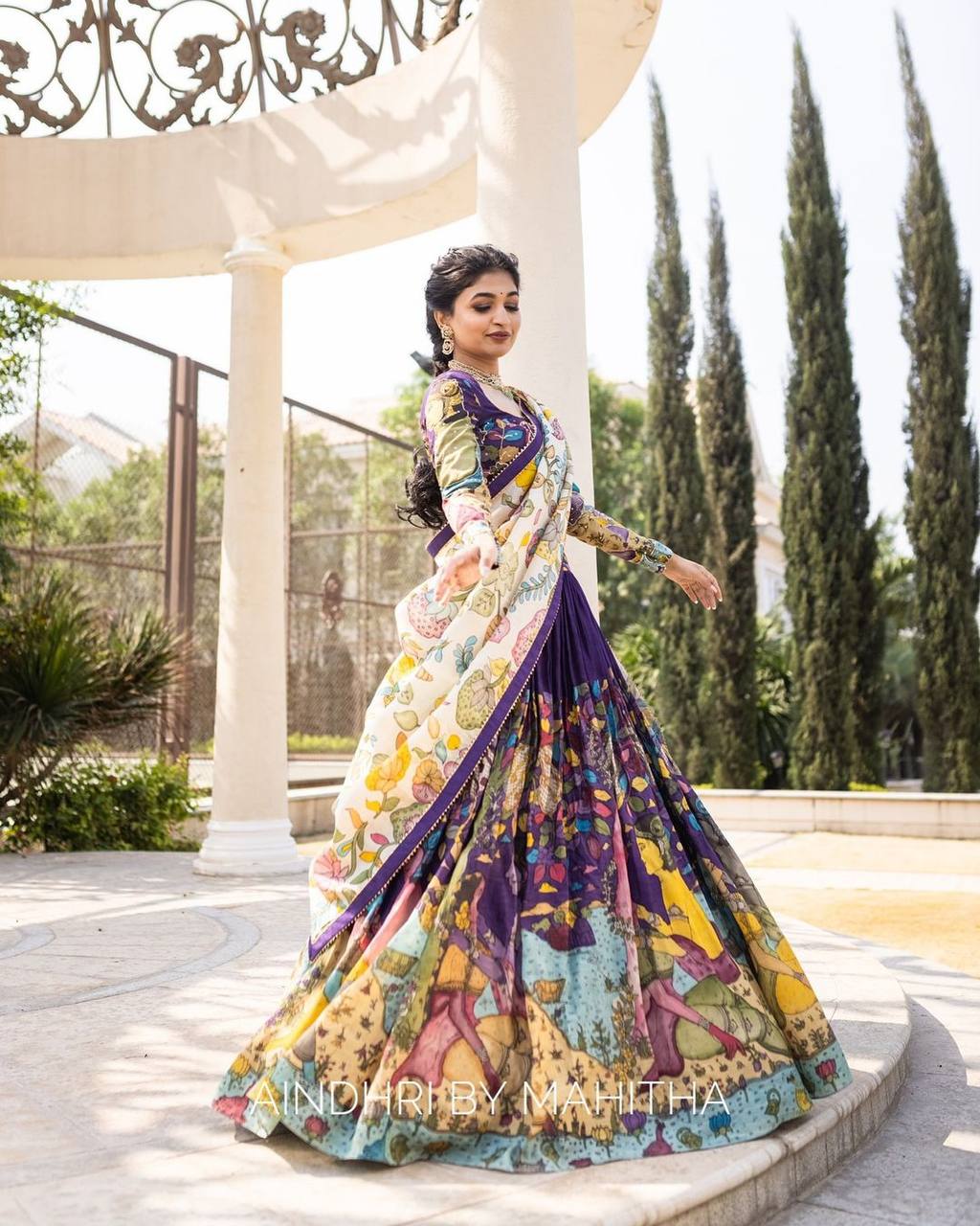 Multicolor Kalamkari Printed Lehenga Choli Set with Ivory Dupatta