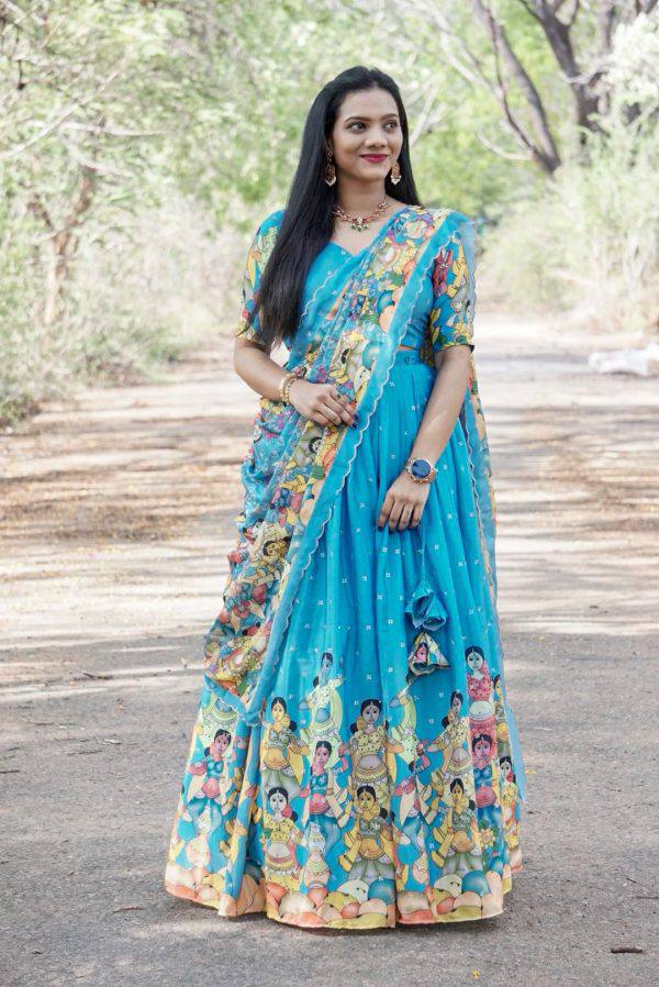 Sky Blue Kalamkari Printed Lehenga Choli Set with Matching Dupatta