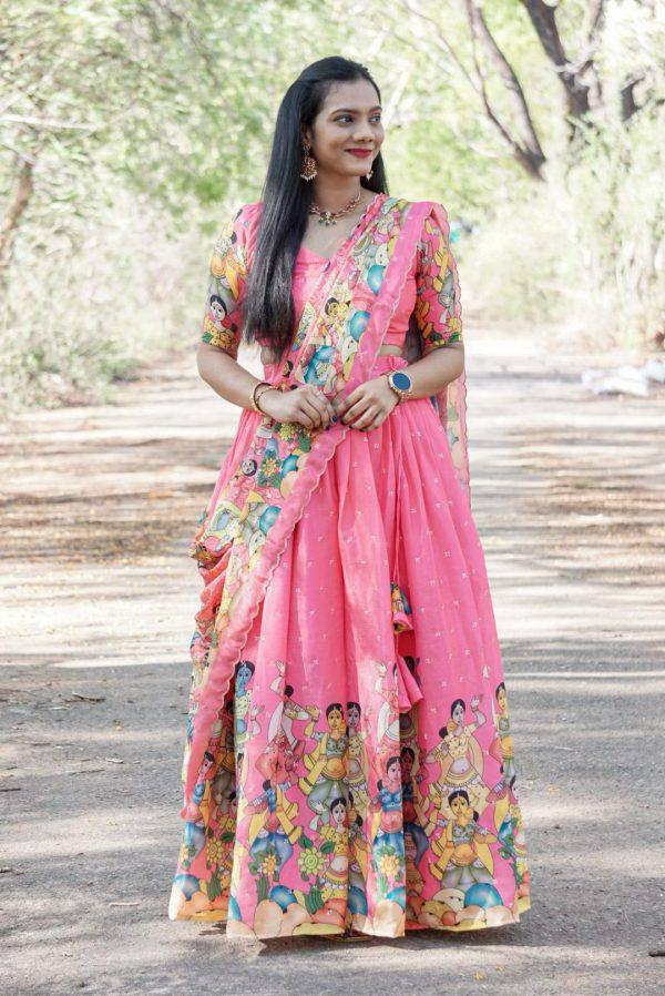 Pink Kalamkari Printed Lehenga Choli Set with Matching Dupatta