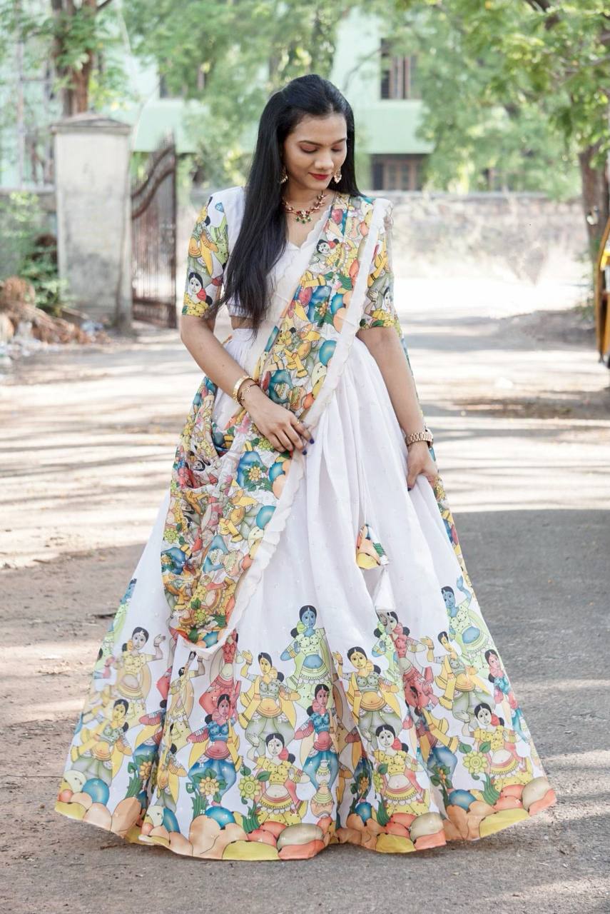 White Kalamkari Printed Lehenga Choli Set with Matching Dupatta