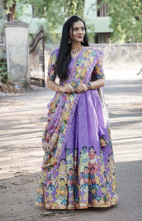 Lavender Kalamkari Printed Lehenga Choli Set with Matching Dupatta