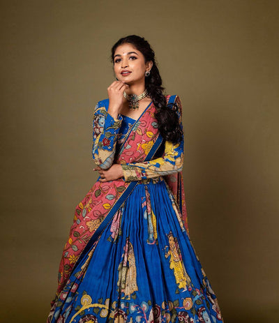 Royal Blue Kalamkari Printed Lehenga Choli Set with Contrasting Dupatta