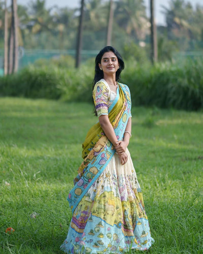 Yellow and Blue Kalamkari Printed Lehenga Choli Set with Contrasting Dupatta