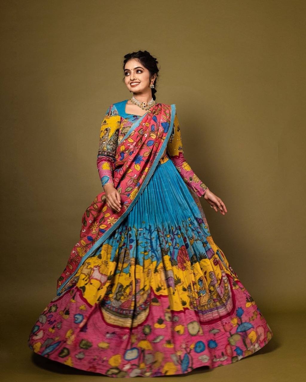 Multicolor Kalamkari Printed Lehenga Choli Set with Contrasting Dupatta