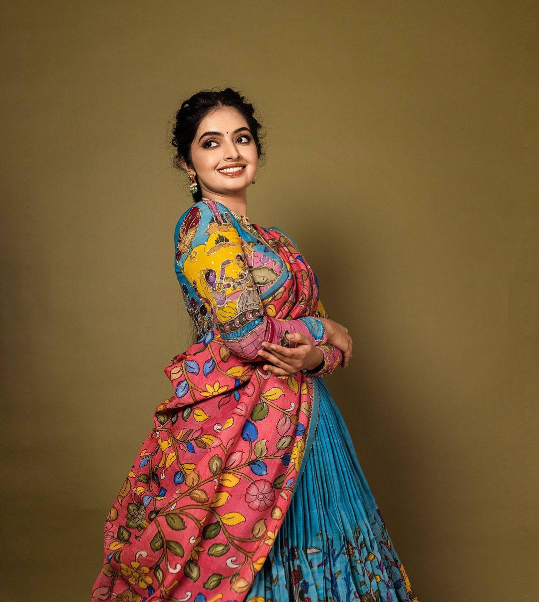 Multicolor Kalamkari Printed Lehenga Choli Set with Contrasting Dupatta