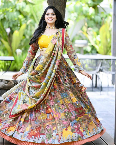 Yellow and Multicolor Kalamkari Printed Lehenga Choli Set