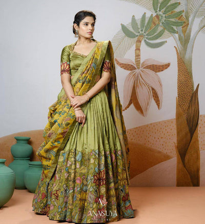 Olive Green Kalamkari Printed Lehenga Choli Set with Dupatta