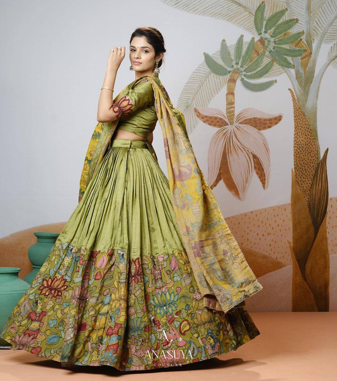 Olive Green Kalamkari Printed Lehenga Choli Set with Dupatta